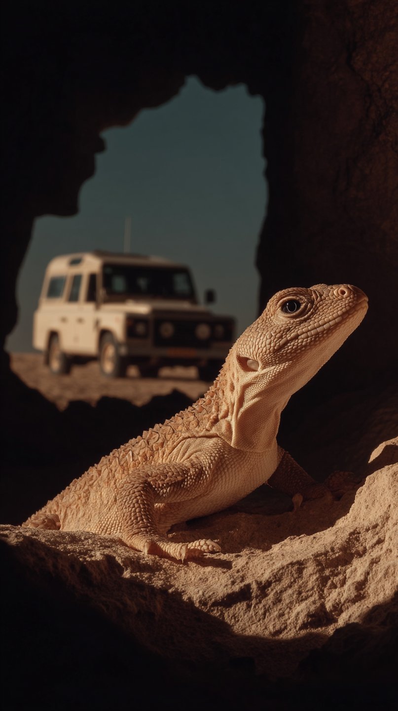 Textured tan lizard rests within a cave opening overlooking a blurred off-road vehicle in the desert landscape.