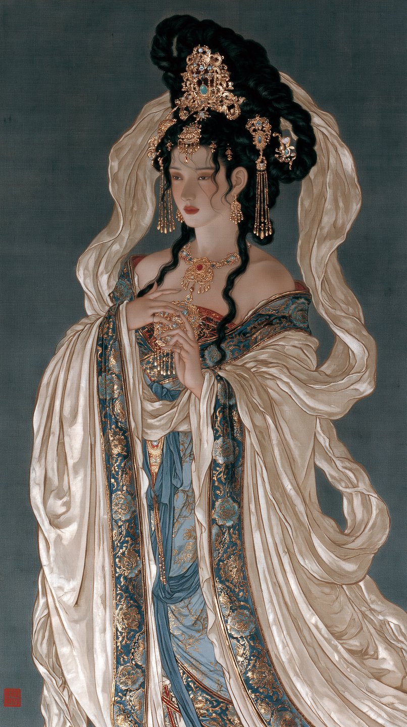 An elegant celestial maiden in ornate traditional Chinese silk robes and an elaborate golden headpiece.