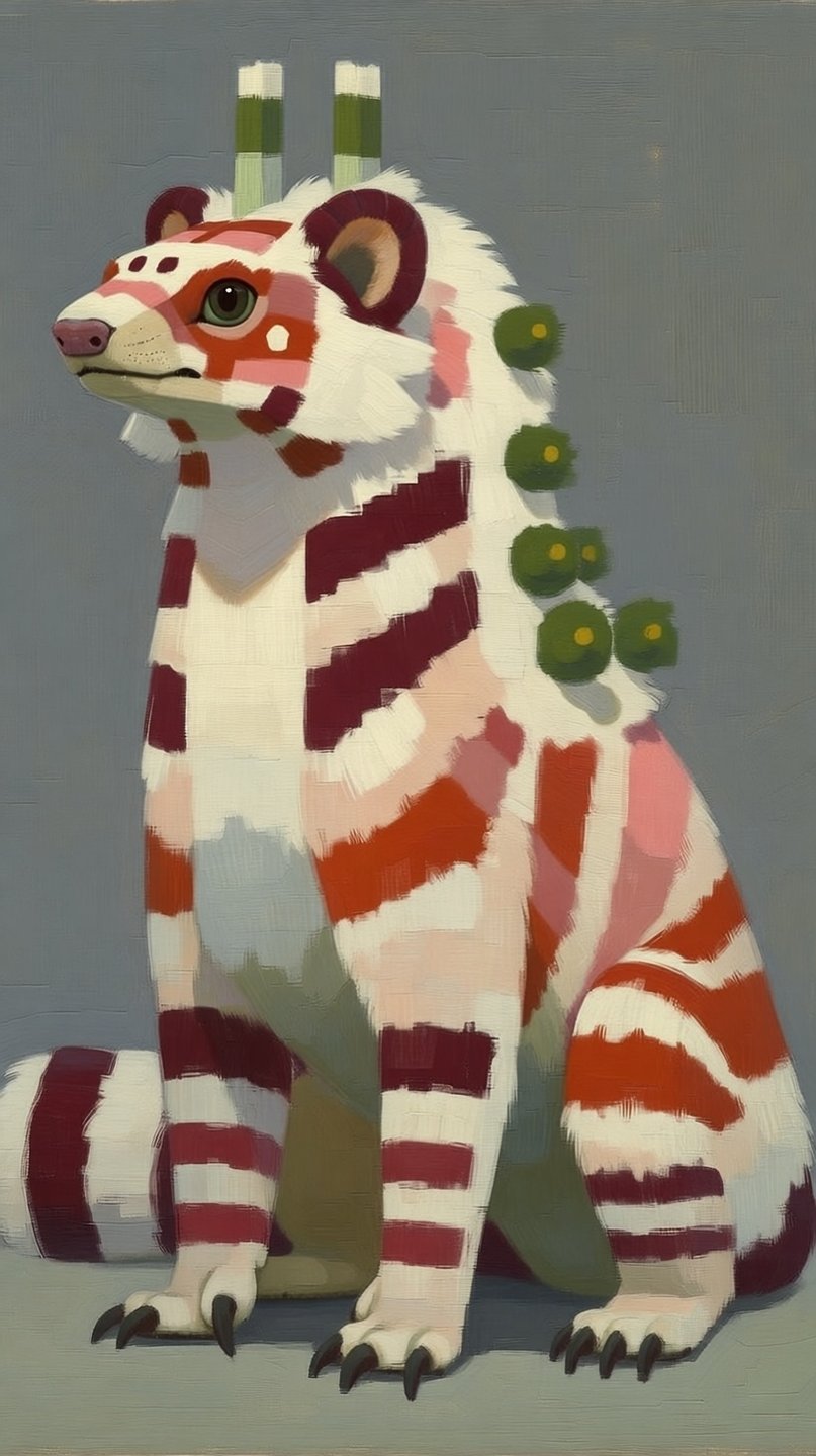 Stylized white and red striped mammalian creature with green botanical protrusions sitting against a grey background.