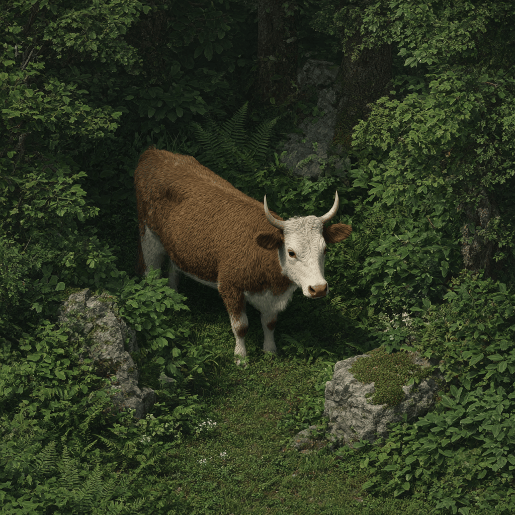 Brown and white horned cow standing calmly in a dense, green forest clearing surrounded by mossy rocks.