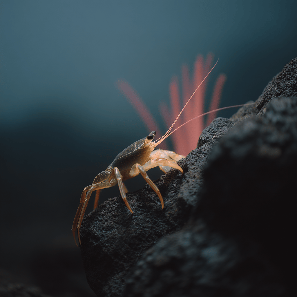 Translucent crab with long antennae perches on a dark volcanic rock against a blurred deep-sea coral background.