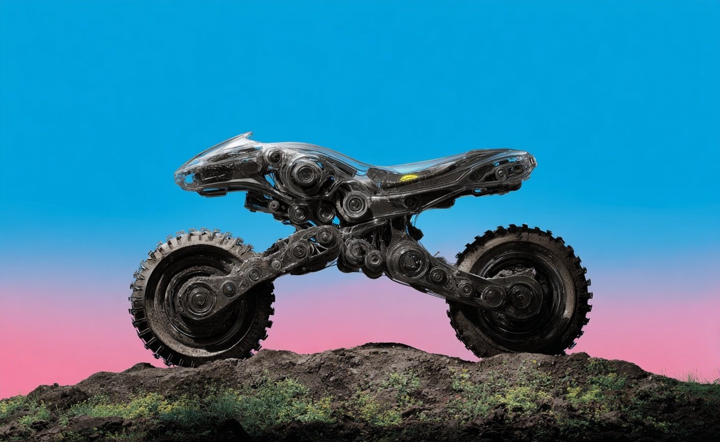 Transparent mechanical motorcycle with visible internal gears parked on a dirt mound against a blue-pink gradient sky.