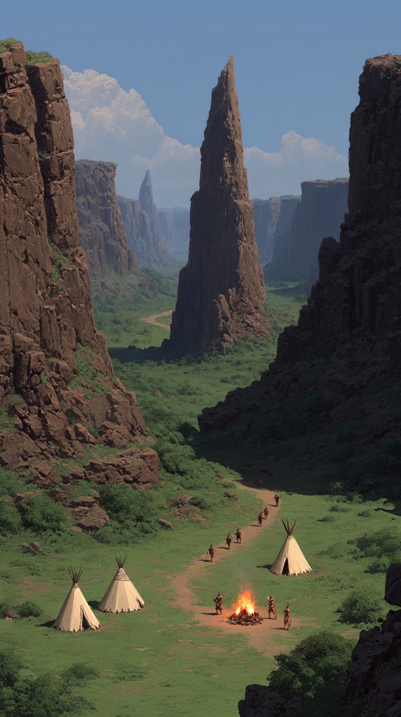 Nomadic tribe gathers around a campfire near conical tents below a massive, sharp rock spire in a canyon.