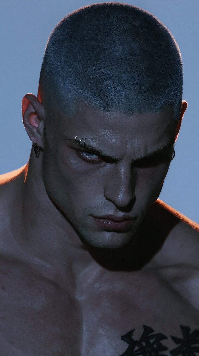 Close-up of a brooding young man with a buzz cut, eyebrow piercings, and intense gaze under dramatic lighting.