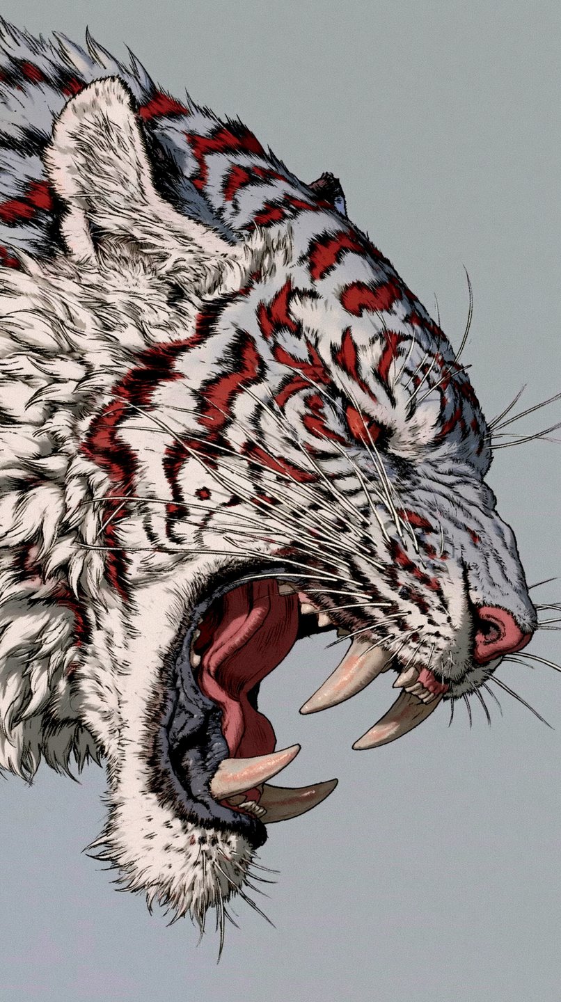 Stylized illustration of a roaring white tiger with red stripes and long saber-like fangs against a grey background.