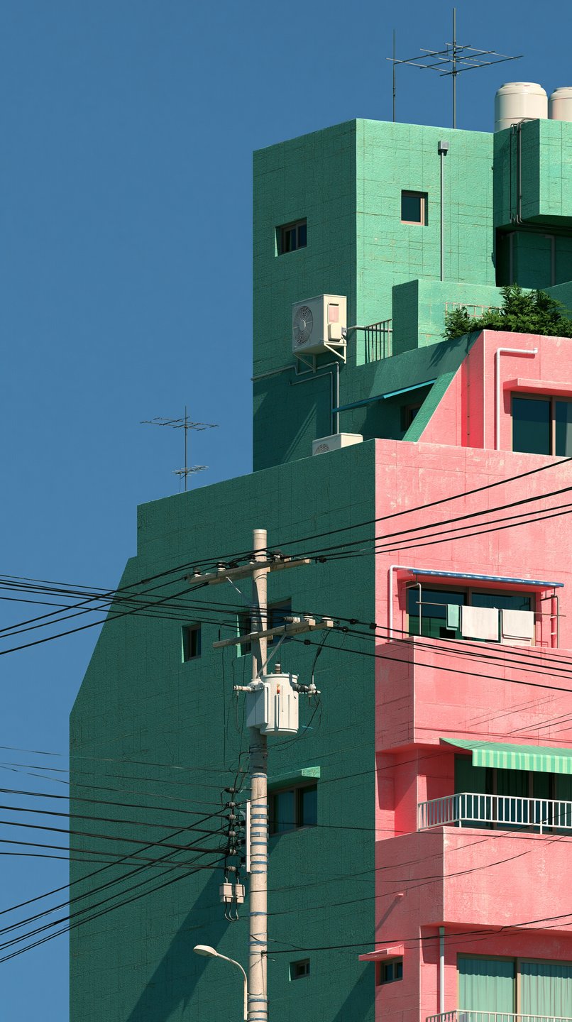 A pastel pink and mint green building rises against a clear blue sky behind dark power lines.