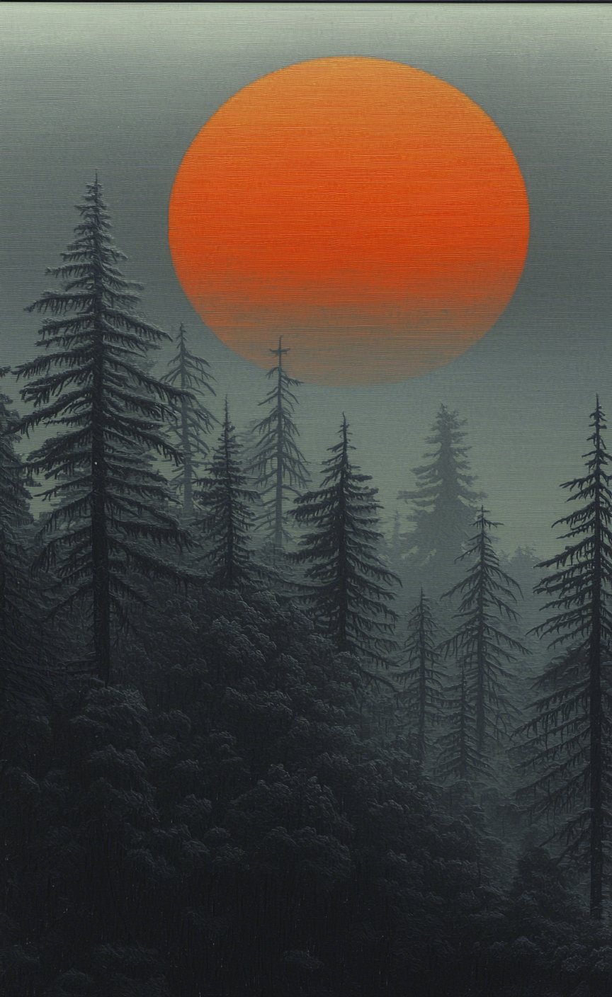 A massive orange sun hangs low over a dark, silhouetted evergreen forest shrouded in grey atmospheric mist.
