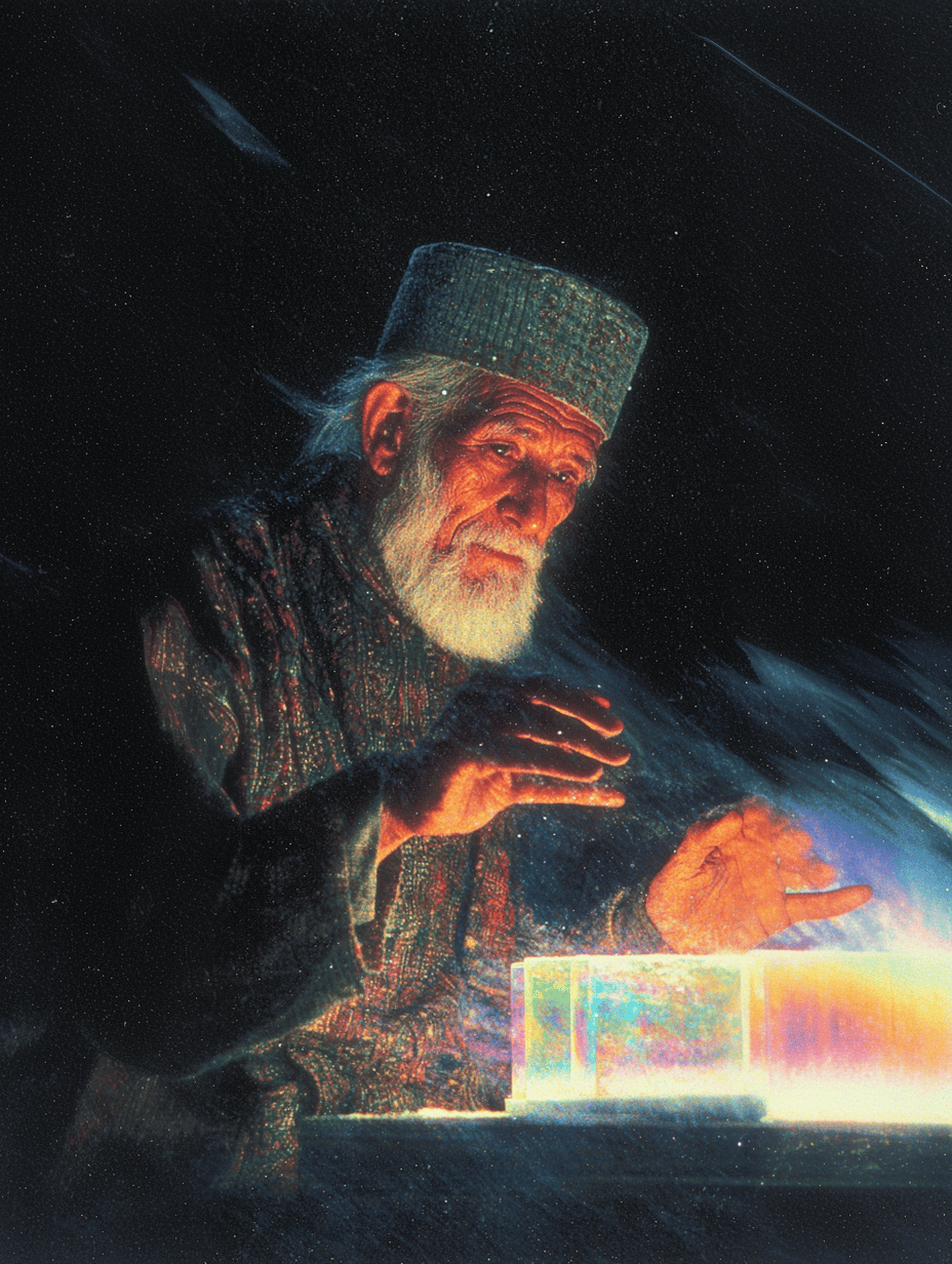Elderly bearded man in a textured cap interacting with glowing iridescent blocks under dramatic warm lighting.