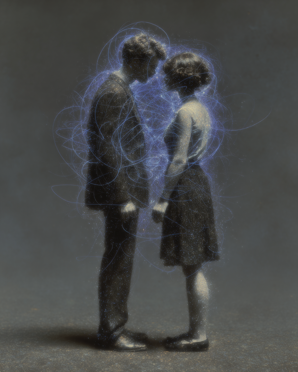 Two grainy statue-like figures in vintage attire stand face-to-face surrounded by glowing blue electric light filaments.