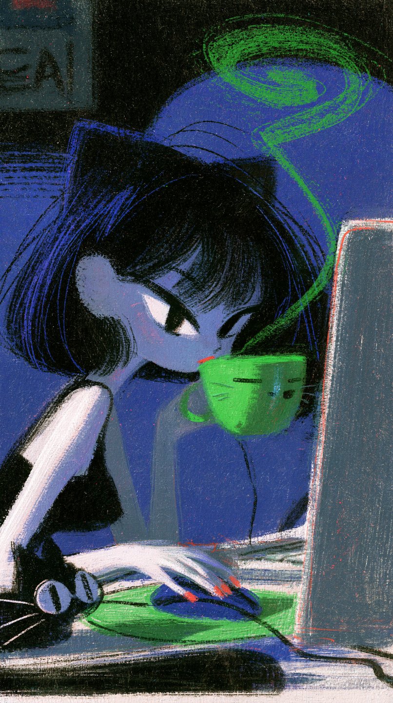 Stylized cat-eared girl sips from a green mug while working on a computer next to a black cat.