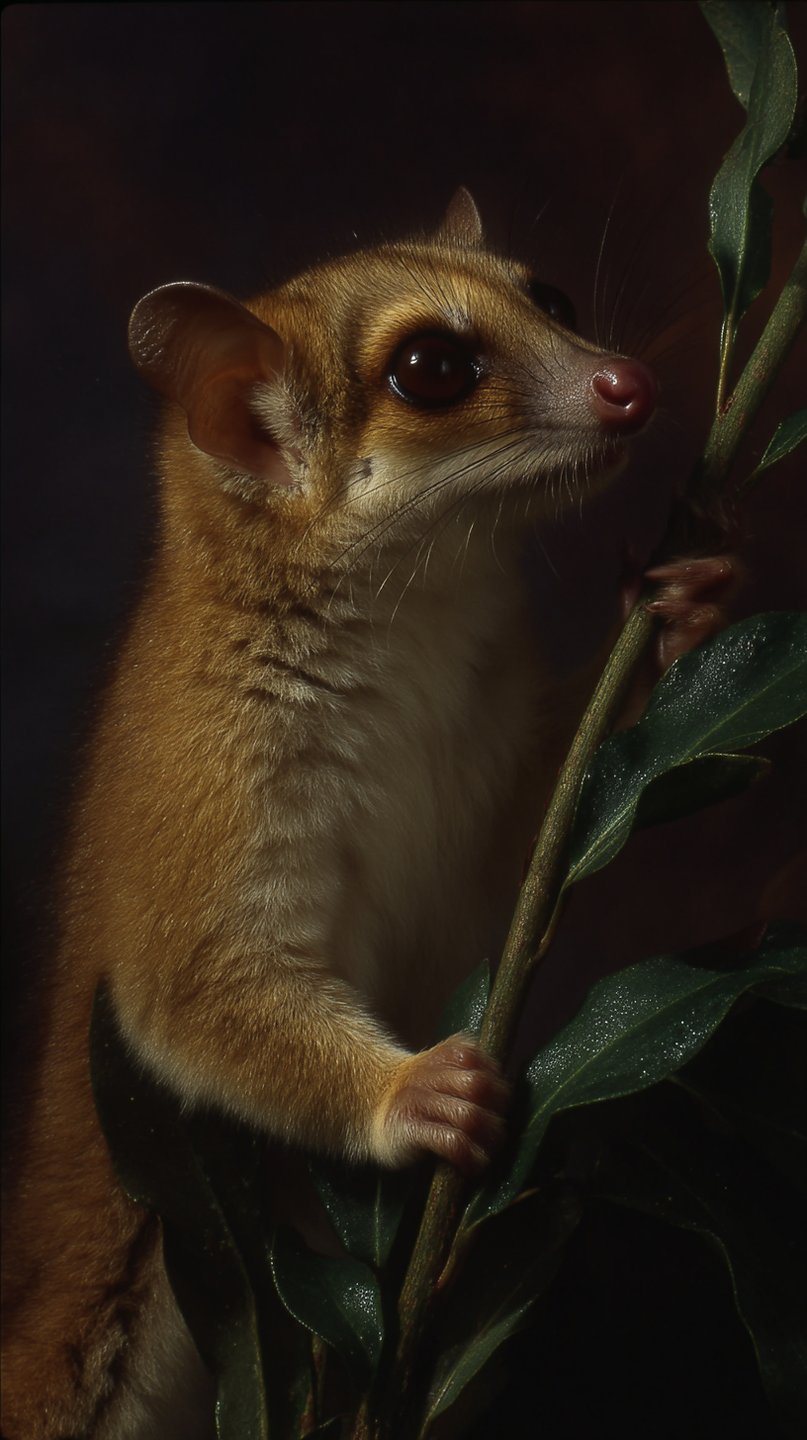 Small tawny marsupial with large dark eyes grips a leafy green branch against a dark background.