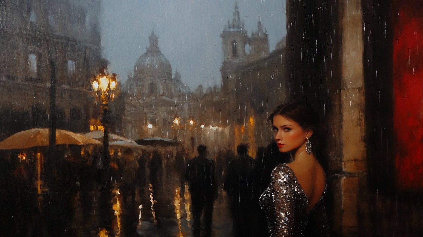 Woman in a silver sequined dress gazes back amidst a rainy, lamp-lit European city square at night.