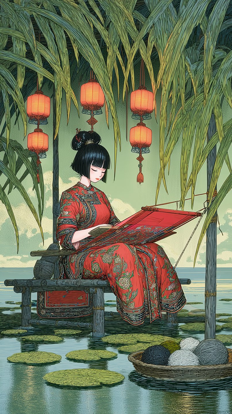 Woman in a red floral robe weaves on a bamboo platform over water under hanging red lanterns.