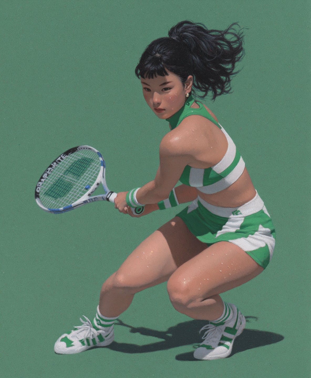 Female tennis player in green and white striped sportswear crouches for a backhand on a green court.