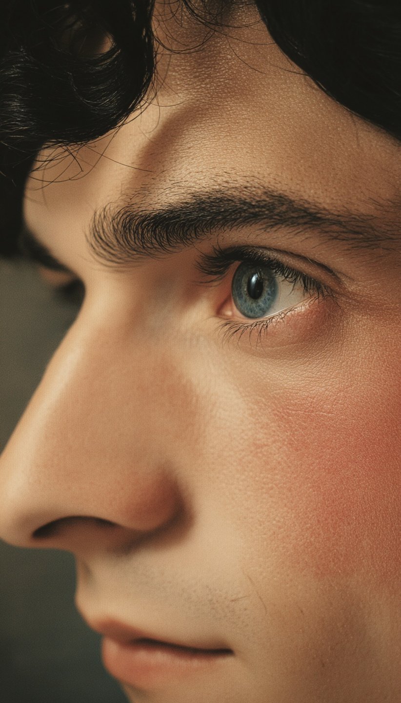 Extreme close-up of a young man with a blue eye, dark curly hair, and flushed skin in profile.