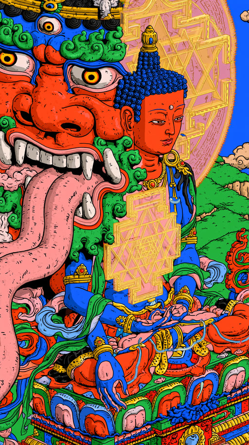 A vibrant psychedelic illustration of a meditating Buddha surrounded by sacred geometry mandalas and blooming lotus flowers.
