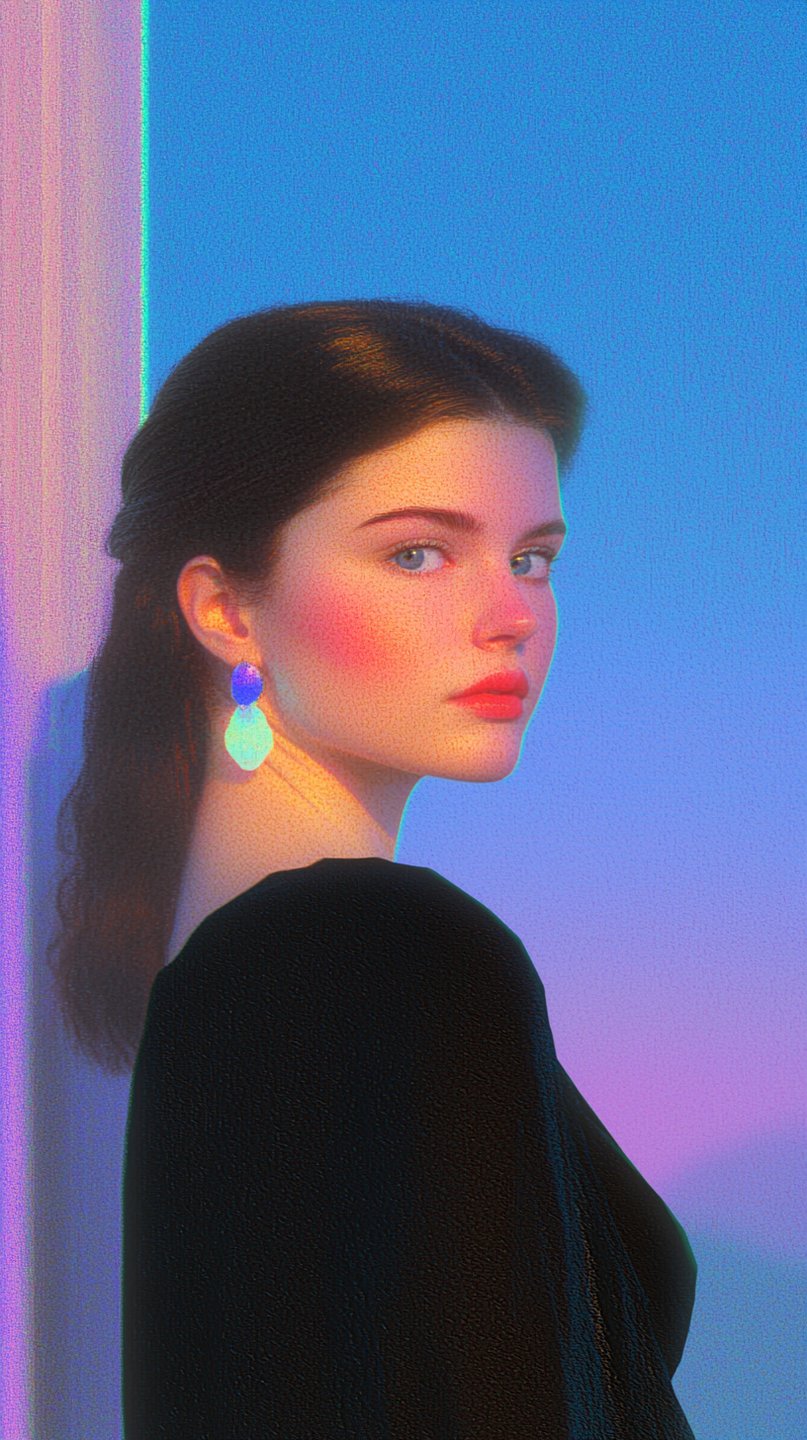 Young woman with dark hair and blue eyes gazes forward amidst vibrant cyan and magenta rim lighting.