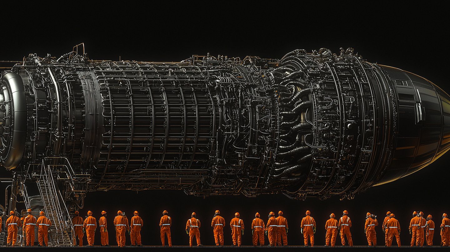 Orange-clad technicians stand in a row beneath a massive, hyper-detailed rocket engine against a black background.