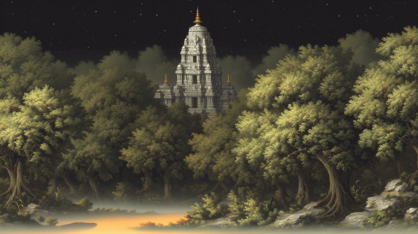A white multi-tiered temple emerges from a dense green forest under a clear starry night sky.