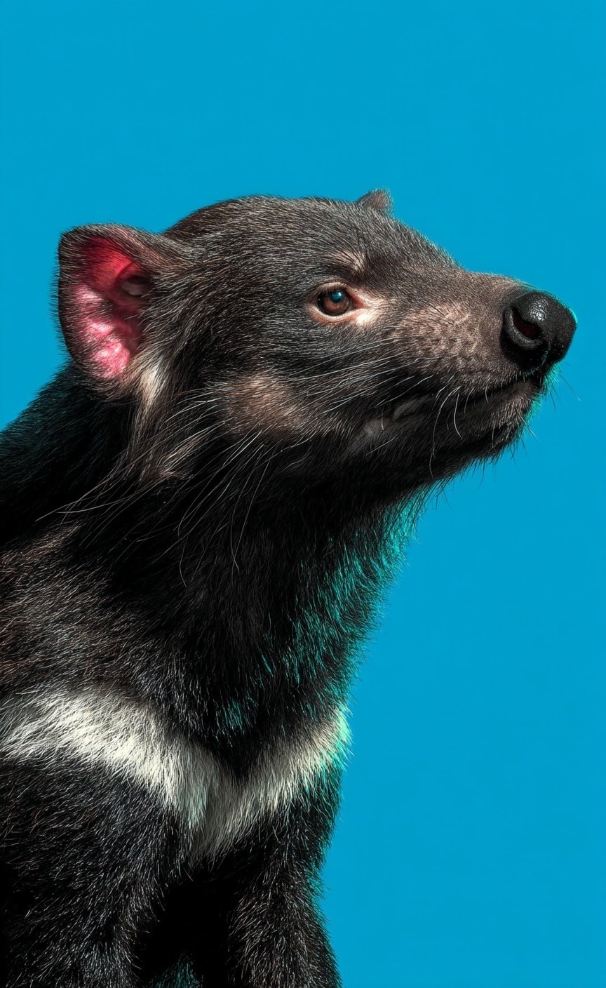Close-up profile of a Tasmanian devil with coarse black fur against a solid bright blue background.