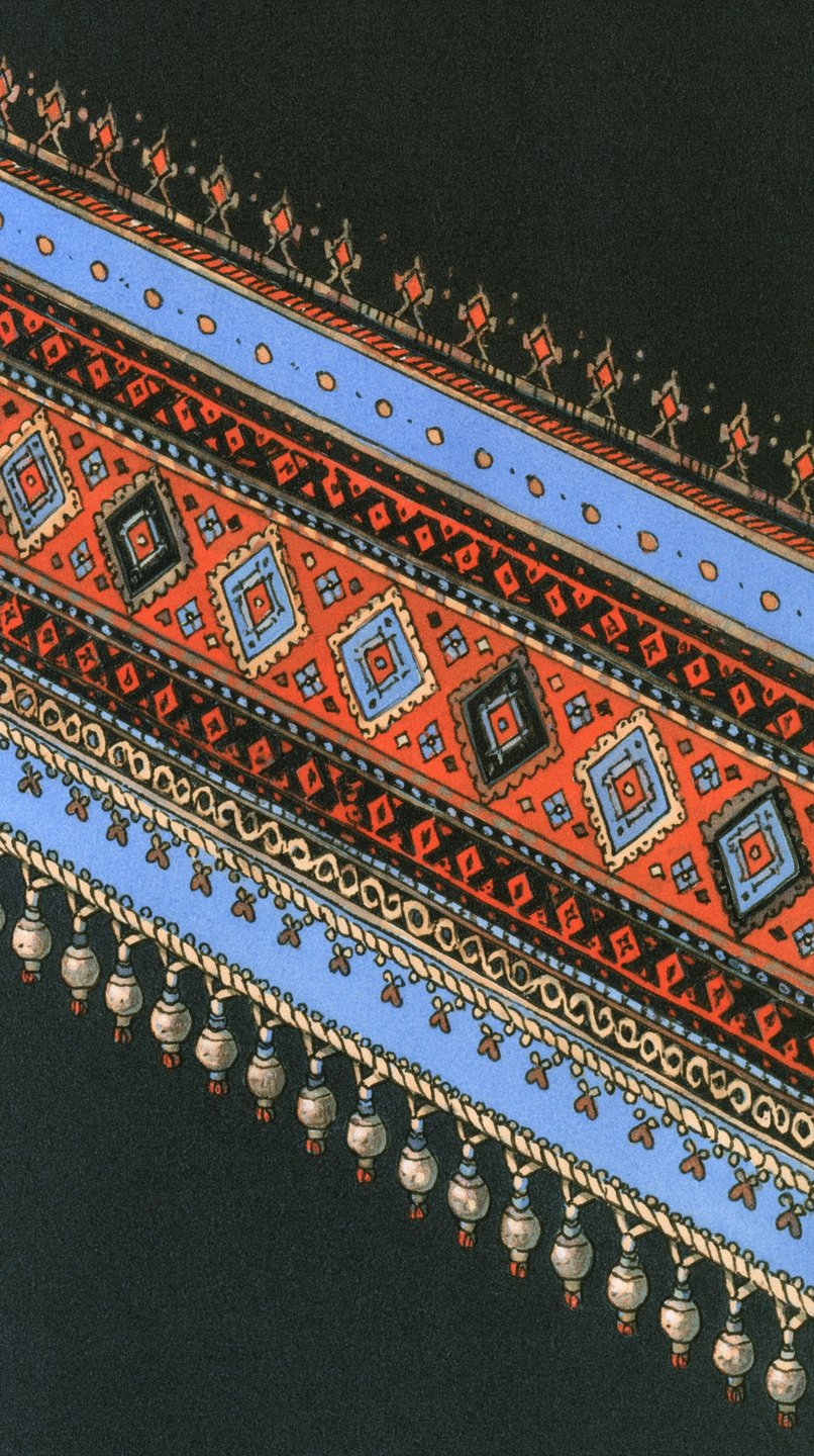 Intricate folk art border with red and blue geometric patterns and hanging tassels on a black background.