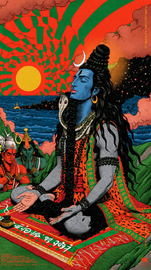 Lord Shiva with blue skin meditates in lotus position against a vibrant psychedelic sunburst background.