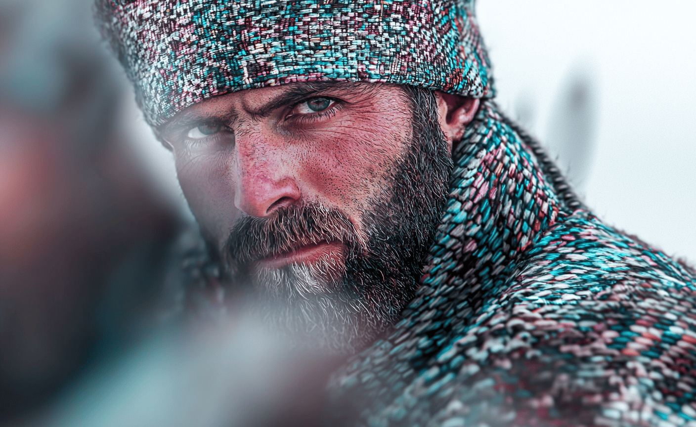 Close-up of a bearded man with weathered skin wearing a colorful, textured woven hat and scarf.