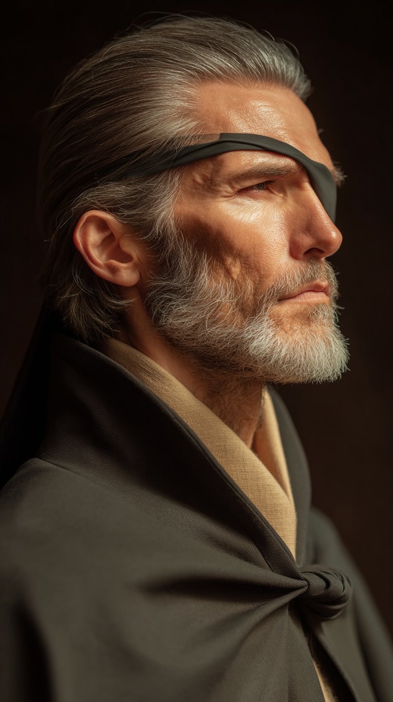 Profile of a stoic older man with silver hair and an eyepatch wearing a dark cloak in shadows.