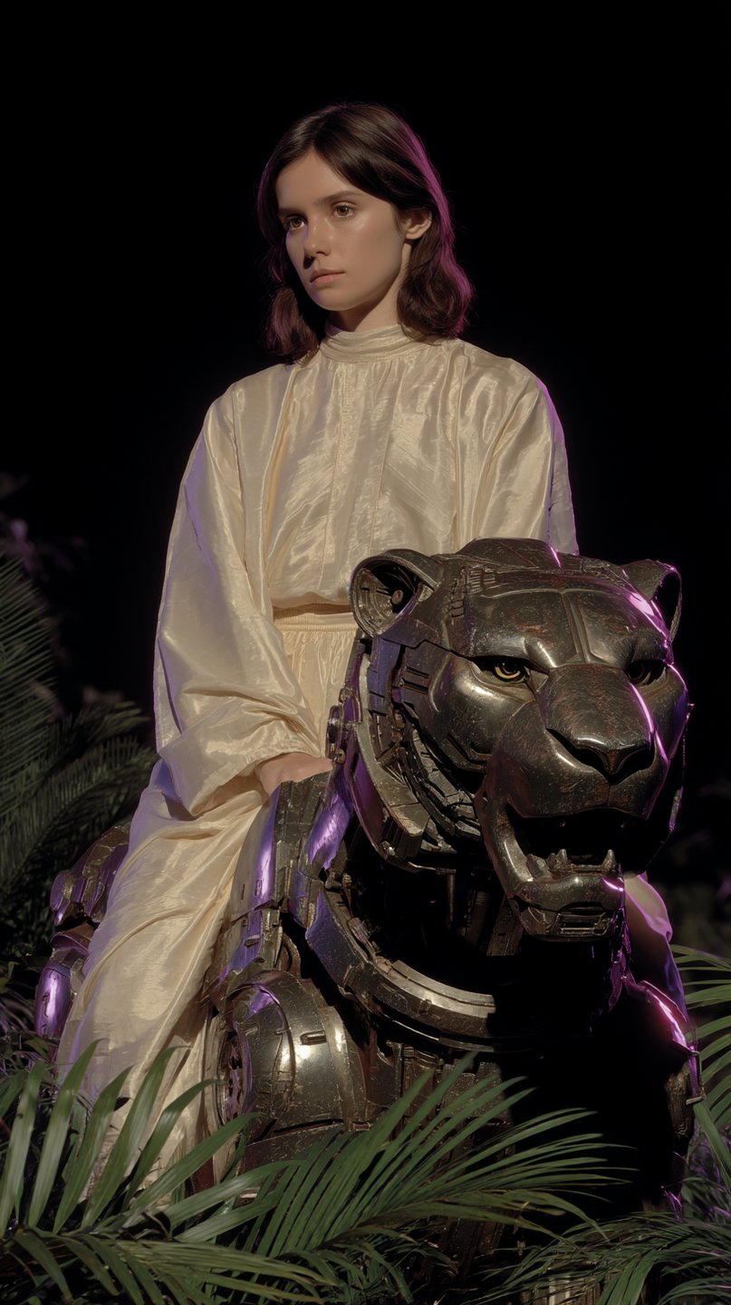 Young woman in shimmering satin riding a large mechanical metal panther amidst dark tropical jungle foliage.