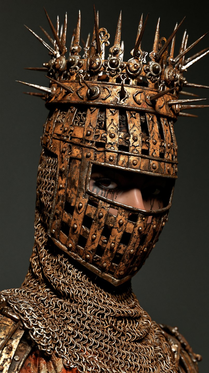 A close-up of a warrior wearing a spiked golden crown, barred helmet, and detailed chainmail coif.