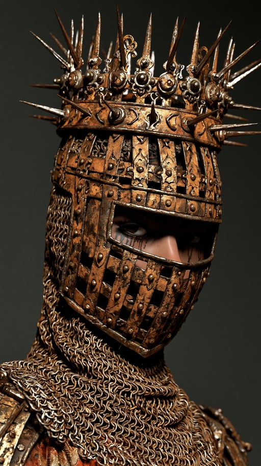 A close-up of a warrior wearing a spiked golden crown, barred helmet, and detailed chainmail coif.