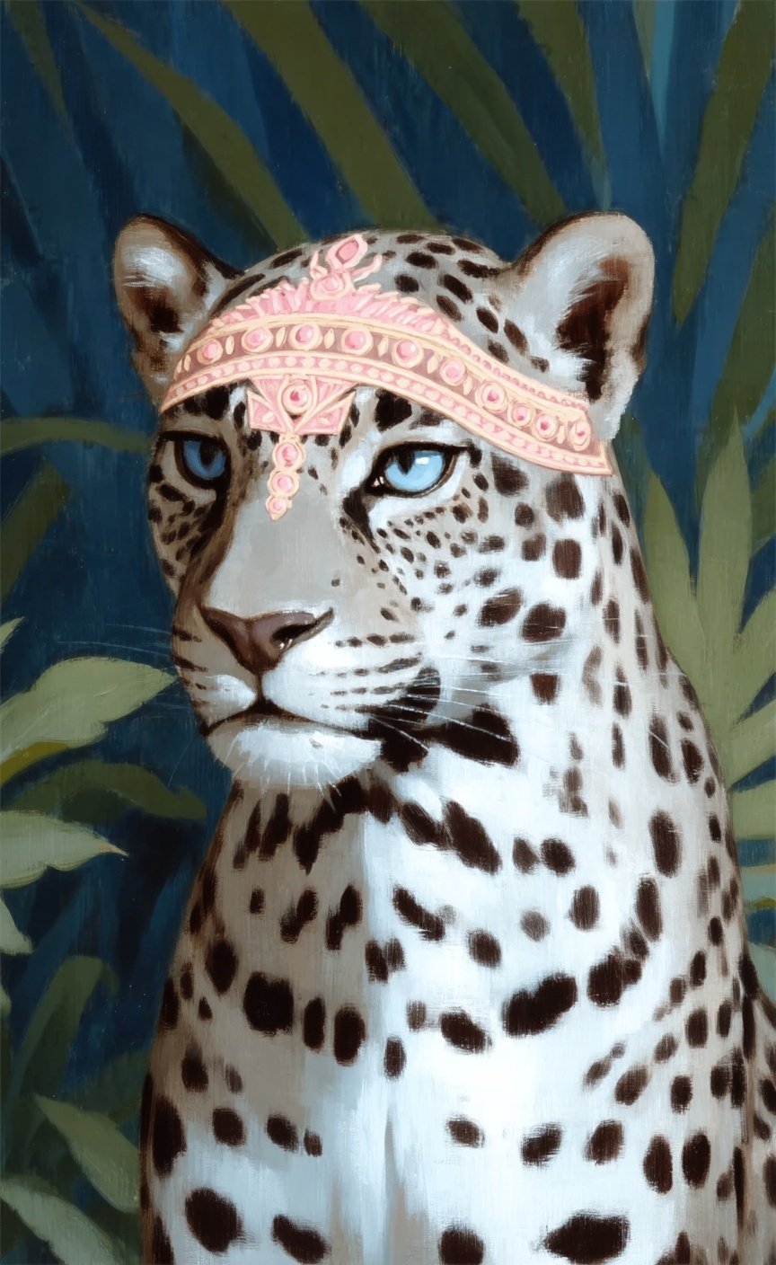 A white leopard with black spots wears a pink jeweled headband amidst dark green jungle leaves.