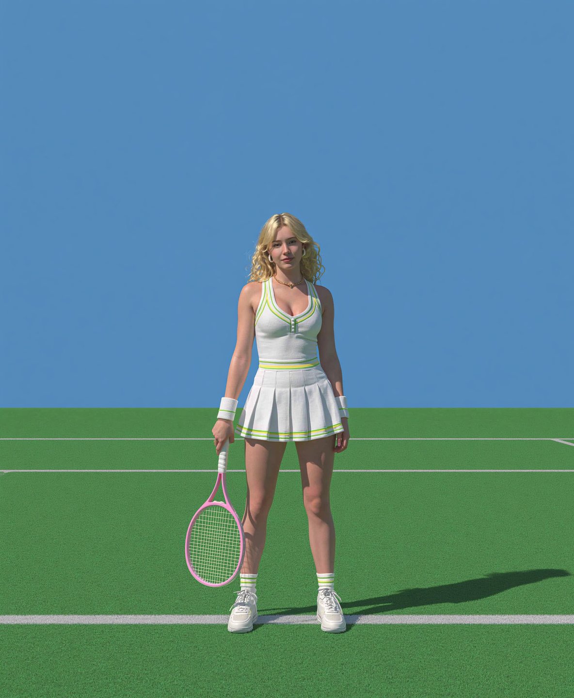 Blonde woman in a retro white tennis dress holding a pink racket on a minimalist green court.