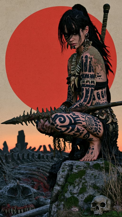 Tattooed female warrior with a spiked spear crouches on a mossy rock before a large red sun.