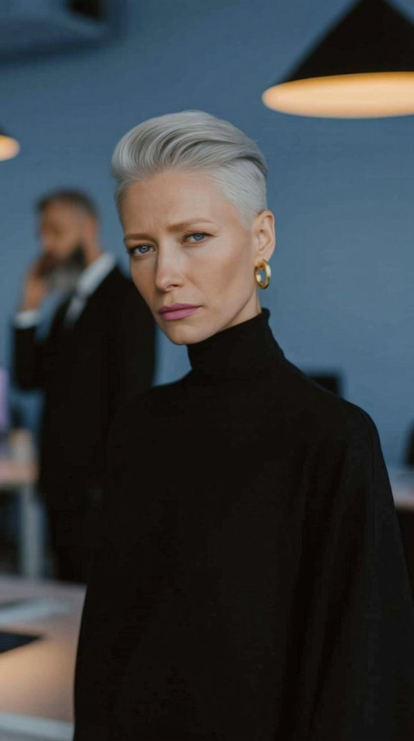Woman with short silver hair and gold earrings wearing a black turtleneck in a modern office.
