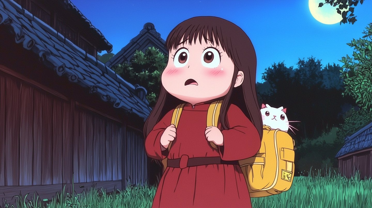 Wide-eyed girl in a red dress with a cat in her backpack walks past traditional houses at night.