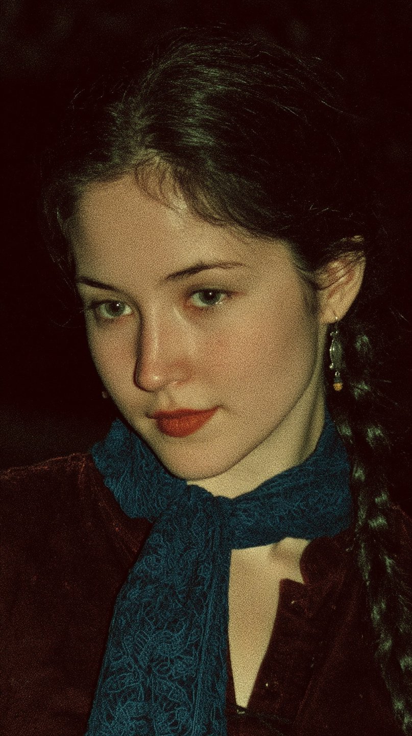 Young woman with a dark braid and blue lace scarf gazes pensively in a grainy film portrait.