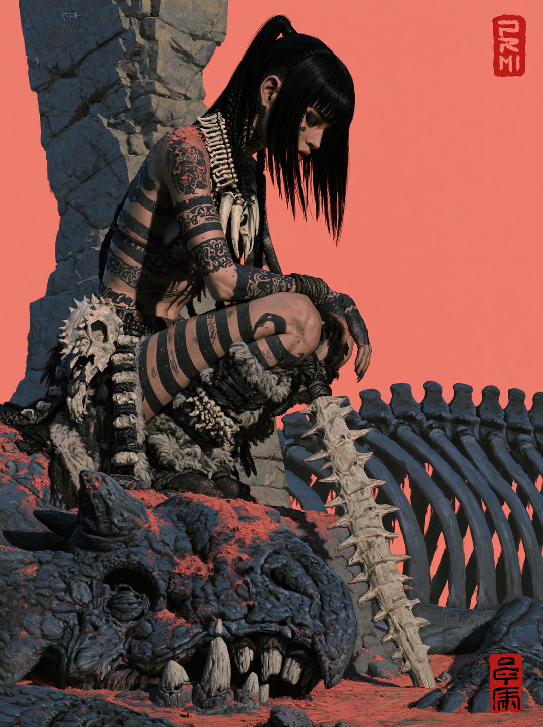 Tattooed female warrior crouching solemnly next to a massive dragon skull against a solid coral background.