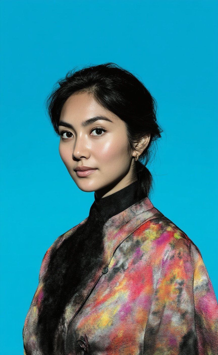 Young woman with dewy skin wearing a colorful watercolor jacket against a solid vibrant blue background.