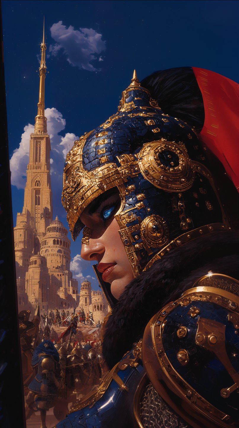 Profile of female knight in blue and gold armor gazing past a towering cathedral spire under blue skies.
