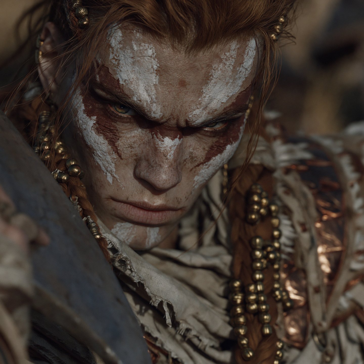 Close-up of a red-haired warrior with white war paint, gold beads in braids, staring intensely forward.