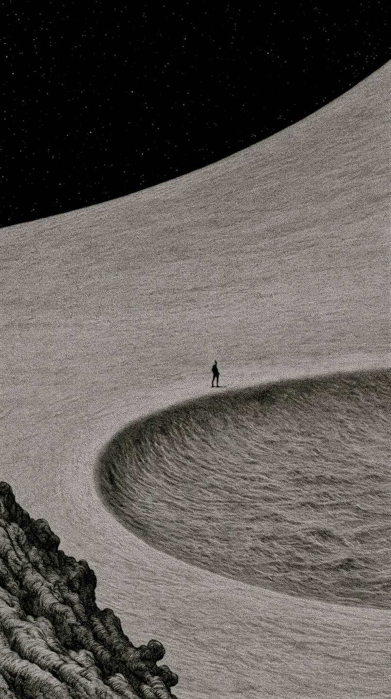 Tiny silhouette of a person standing on a massive curved crater under a starry black sky.
