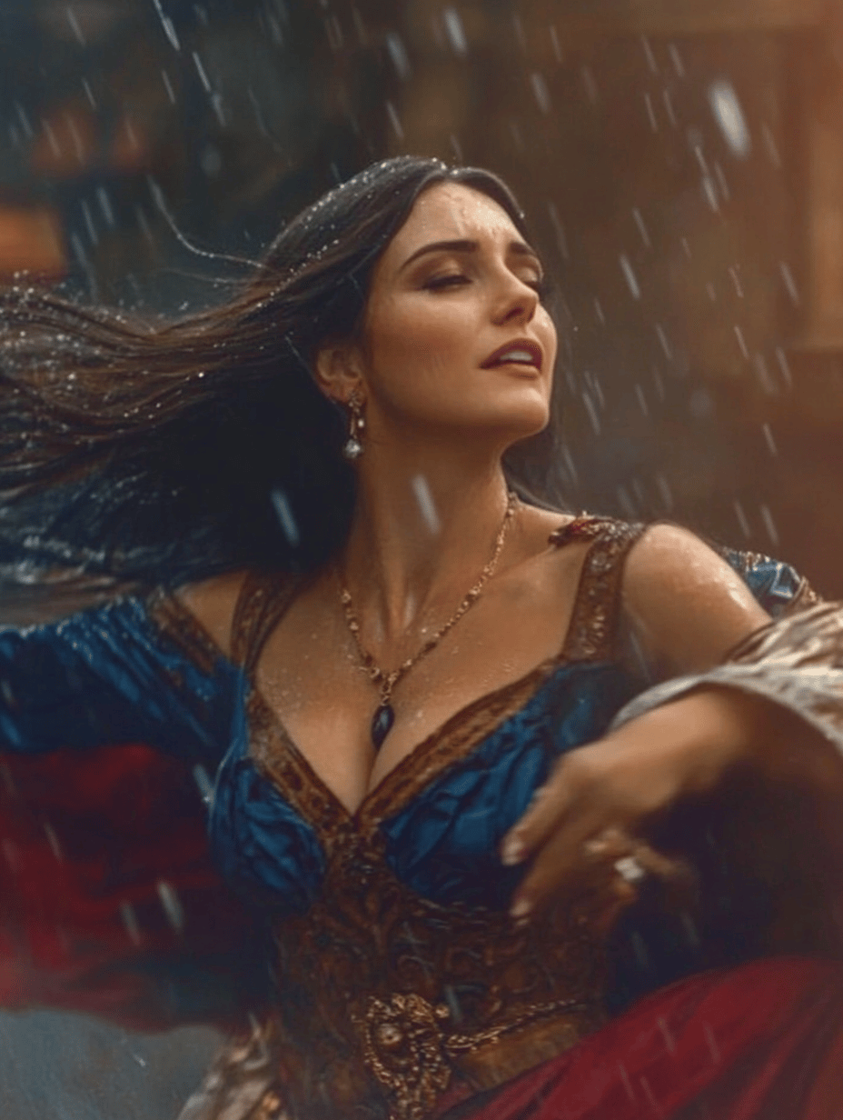 Elegant woman in a gold-trimmed blue gown tilts her head back during a cinematic rainstorm with flowing hair.
