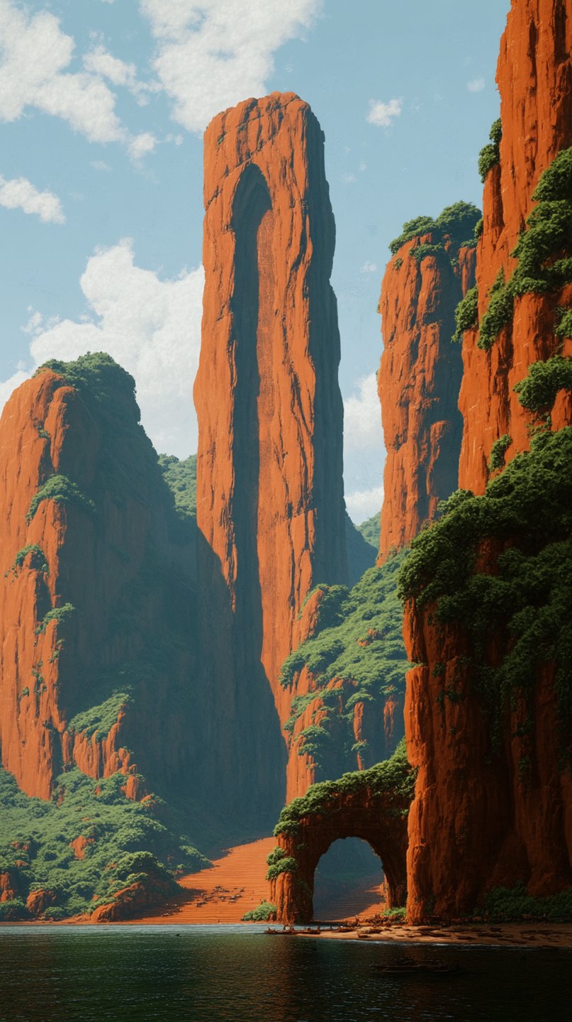 Towering red sandstone pillars covered in green foliage rise from dark water under a bright blue sky.