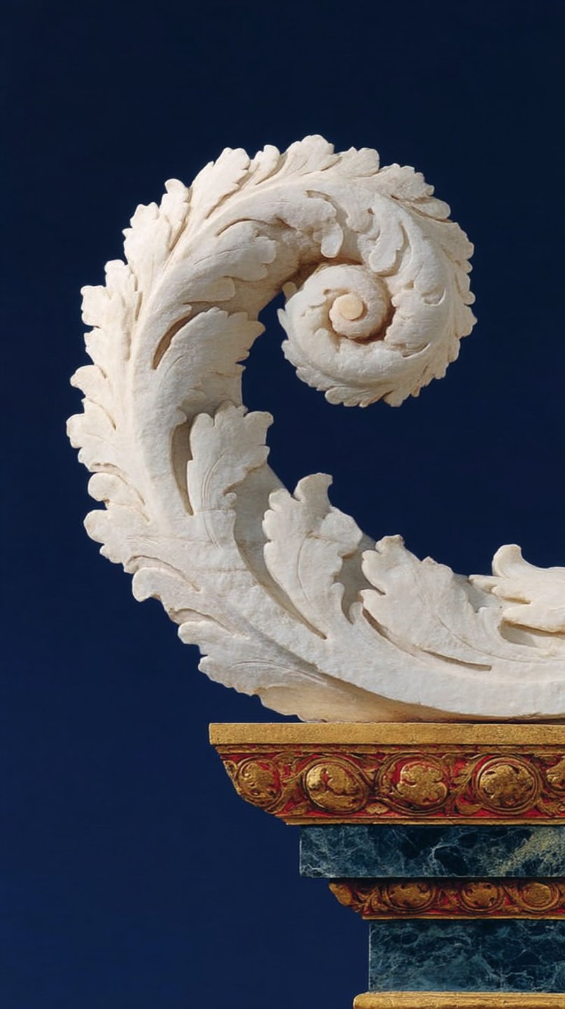 White marble acanthus leaf scroll resting on a gilded and red molding above a green marbled base.