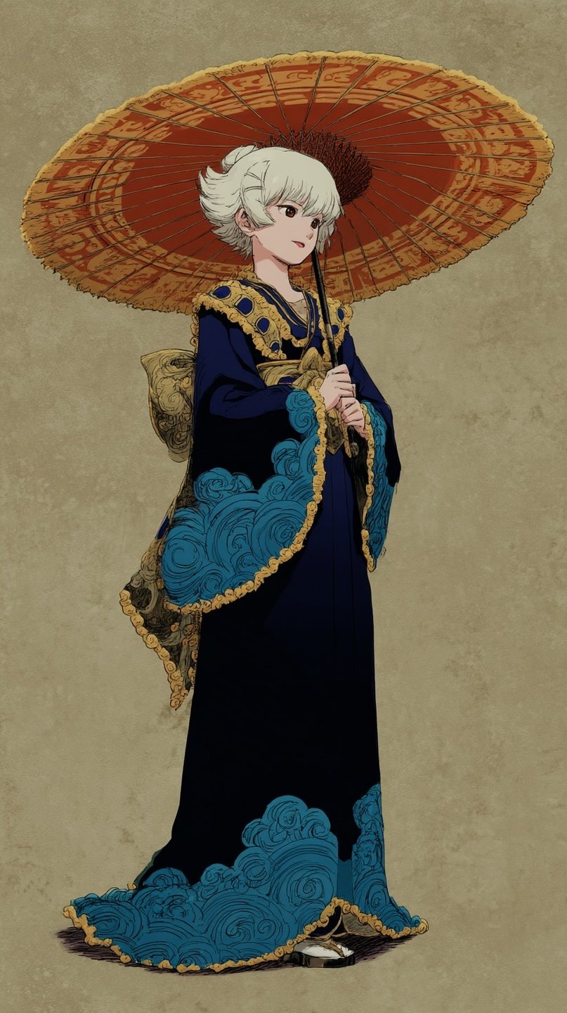 White-haired woman in a blue wave-patterned kimono stands gracefully holding a large red and gold parasol.