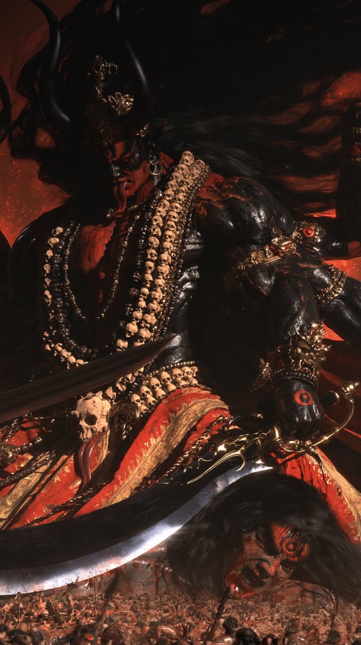 Wrathful multi-armed goddess wearing a skull garland and wielding a curved sword against a fiery background.