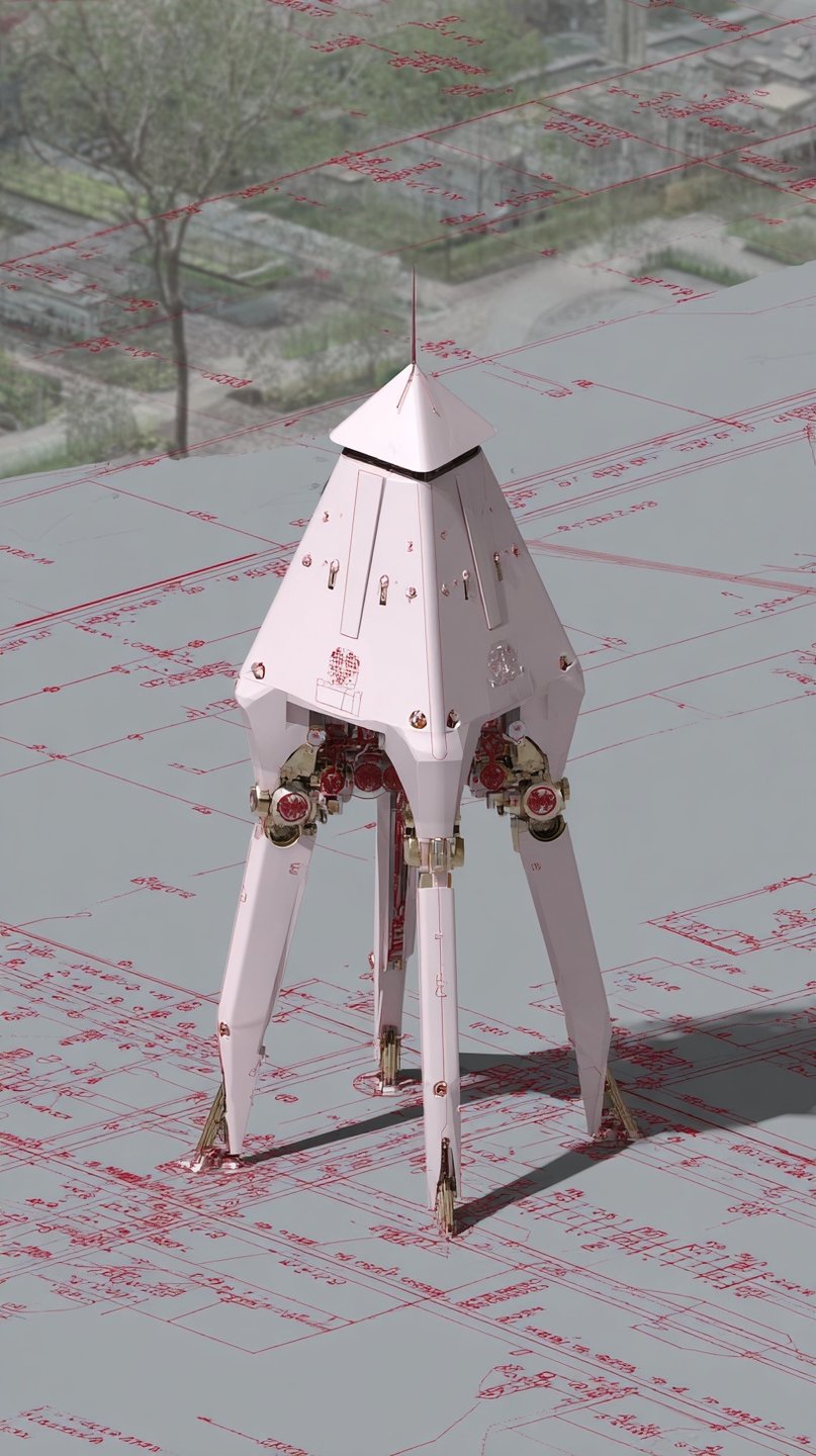 White tripodal mecha standing on red technical blueprints with a blurred park background in isometric view.