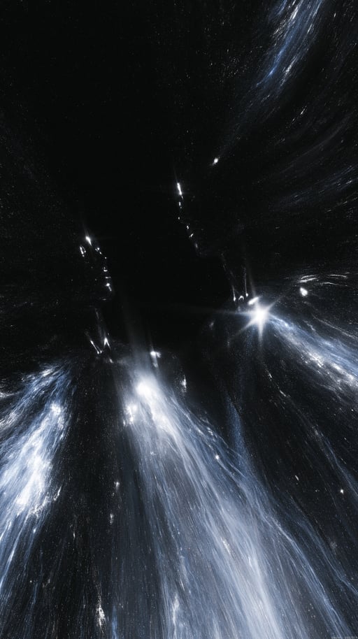 Two dark celestial silhouettes face each other amidst exploding white light trails and starry cosmic dust.