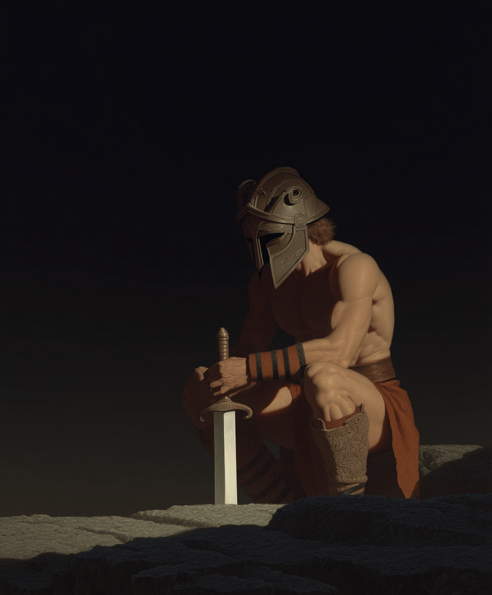 Muscular warrior in bronze helmet crouching on stone ledge holding sword against black background in chiaroscuro style.